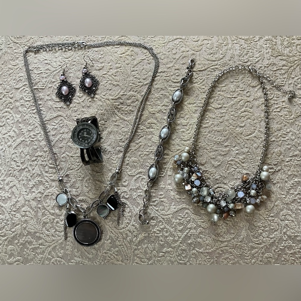 Costume Jewelry Bundle #1, Bracelet, Watch, 2 Necklaces, 1 Pr. Earrings